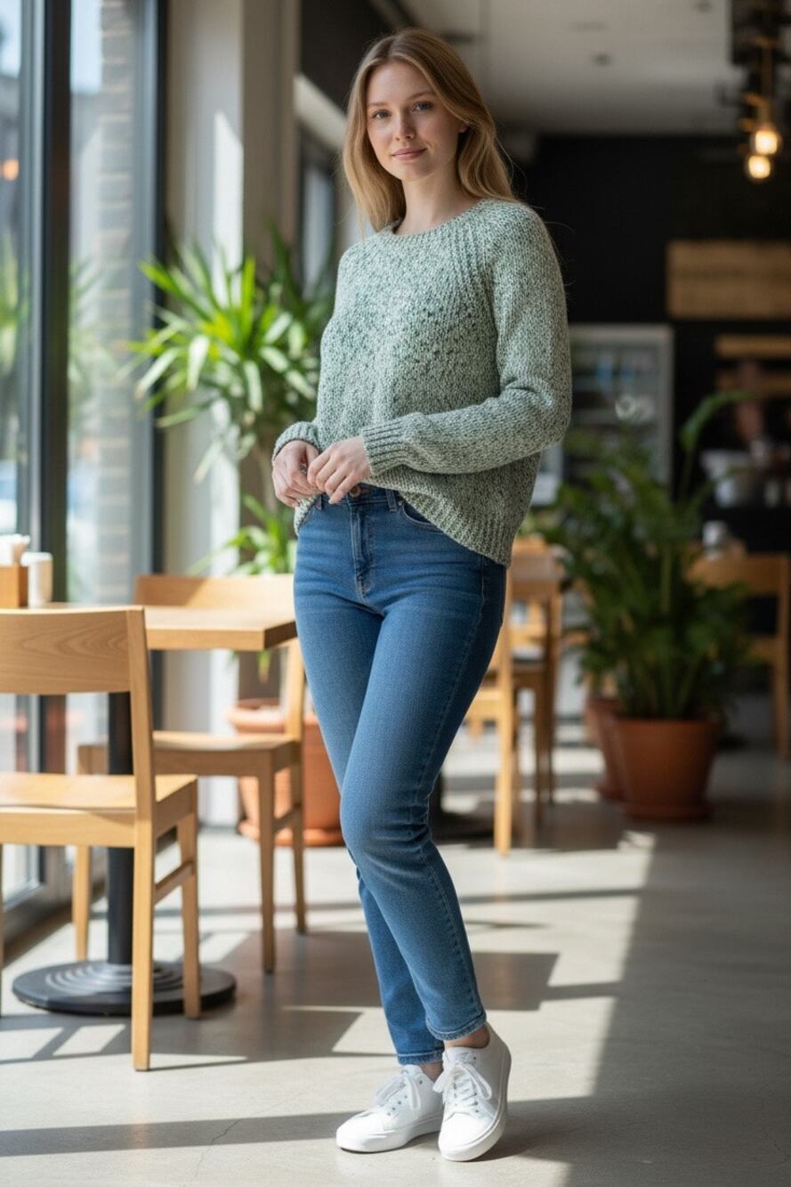 St. John’s Bay Marled Knit Sweater Womens Large Green White Crew Neck Pullover